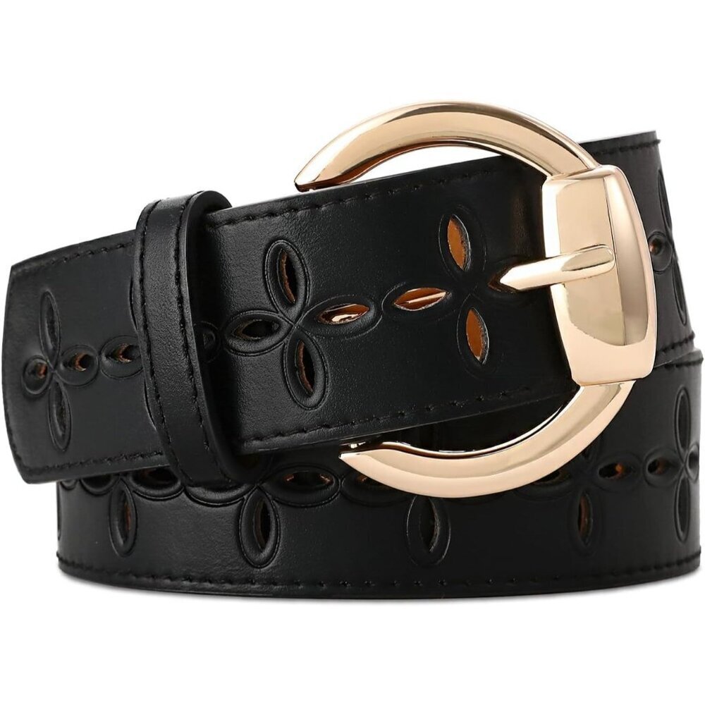 Women Leather Wide Fashion Thick Dress Belt With Gold Buckle Belt Hollow Black